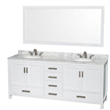 Load image into Gallery viewer, Wyndham Sheffield 80 Inch Double Bathroom Vanity in White, White Carrara Marble Countertop, Undermount Oval Sinks, and 70 Inch Mirror- Wyndham