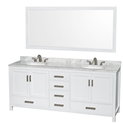 Wyndham Sheffield 80 Inch Double Bathroom Vanity in White, White Carrara Marble Countertop, Undermount Oval Sinks, and 70 Inch Mirror- Wyndham