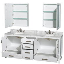 Load image into Gallery viewer, Wyndham Sheffield 80 Inch Double Bathroom Vanity in White, White Carrara Marble Countertop, Undermount Oval Sinks, and Medicine Cabinets- Wyndham
