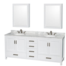 Load image into Gallery viewer, Wyndham Sheffield 80 Inch Double Bathroom Vanity in White, White Carrara Marble Countertop, Undermount Oval Sinks, and Medicine Cabinets- Wyndham