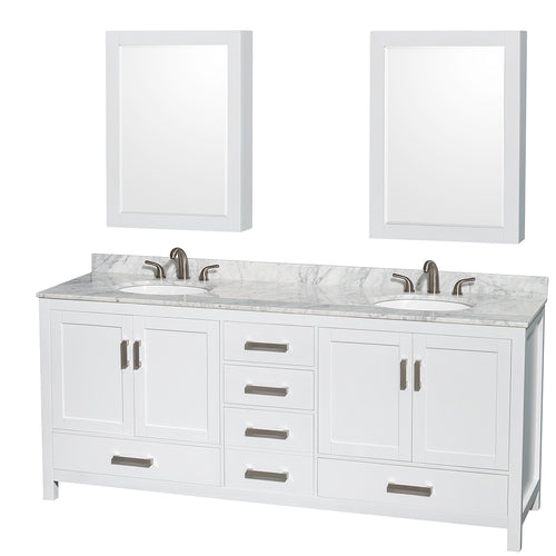 Wyndham Sheffield 80 Inch Double Bathroom Vanity in White, White Carrara Marble Countertop, Undermount Oval Sinks, and Medicine Cabinets- Wyndham