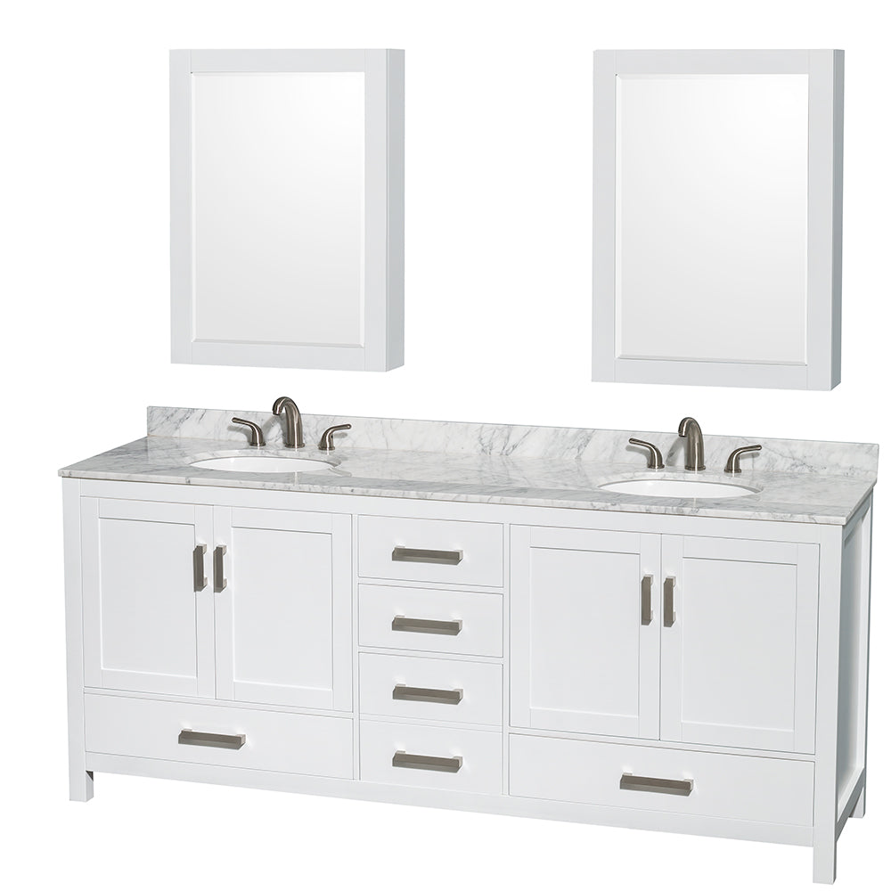 Wyndham Sheffield 80 Inch Double Bathroom Vanity in White, White Carrara Marble Countertop, Undermount Oval Sinks, and Medicine Cabinets- Wyndham