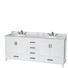 Load image into Gallery viewer, Wyndham Sheffield 80 Inch Double Bathroom Vanity in White, White Carrara Marble Countertop, Undermount Oval Sinks, and Medicine Cabinets- Wyndham