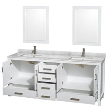 Load image into Gallery viewer, Wyndham Sheffield 80 Inch Double Bathroom Vanity in White, White Carrara Marble Countertop, Undermount Square Sinks, and 24 Inch Mirrors- Wyndham
