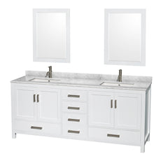 Load image into Gallery viewer, Wyndham Sheffield 80 Inch Double Bathroom Vanity in White, White Carrara Marble Countertop, Undermount Square Sinks, and 24 Inch Mirrors- Wyndham