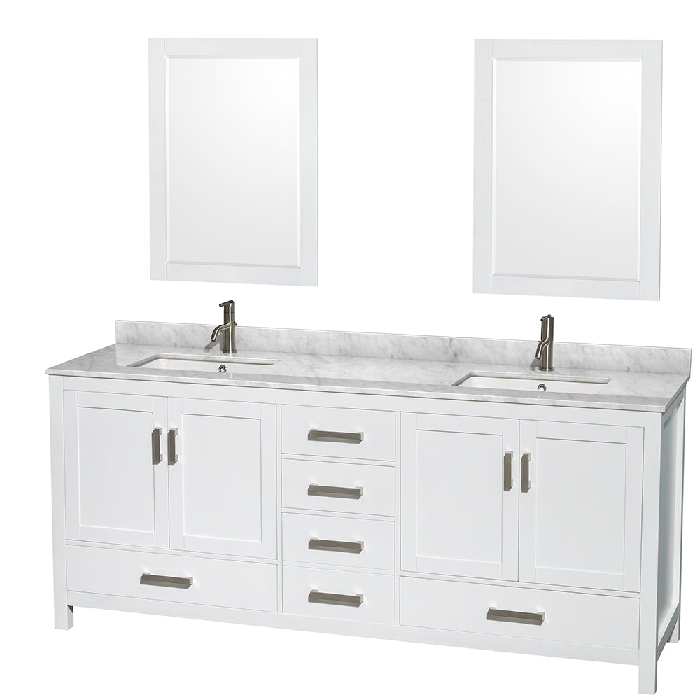 Wyndham Sheffield 80 Inch Double Bathroom Vanity in White, White Carrara Marble Countertop, Undermount Square Sinks, and 24 Inch Mirrors- Wyndham