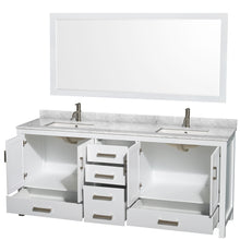 Load image into Gallery viewer, Wyndham Sheffield 80 Inch Double Bathroom Vanity in White, White Carrara Marble Countertop, Undermount Square Sinks, and 70 Inch Mirror- Wyndham