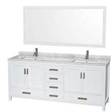 Load image into Gallery viewer, Wyndham Sheffield 80 Inch Double Bathroom Vanity in White, White Carrara Marble Countertop, Undermount Square Sinks, and 70 Inch Mirror- Wyndham