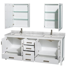 Load image into Gallery viewer, Wyndham Sheffield 80 Inch Double Bathroom Vanity in White, White Carrara Marble Countertop, Undermount Square Sinks, and Medicine Cabinets- Wyndham