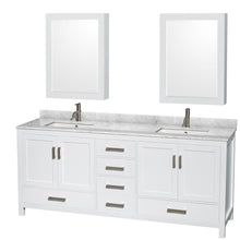 Load image into Gallery viewer, Wyndham Sheffield 80 Inch Double Bathroom Vanity in White, White Carrara Marble Countertop, Undermount Square Sinks, and Medicine Cabinets- Wyndham