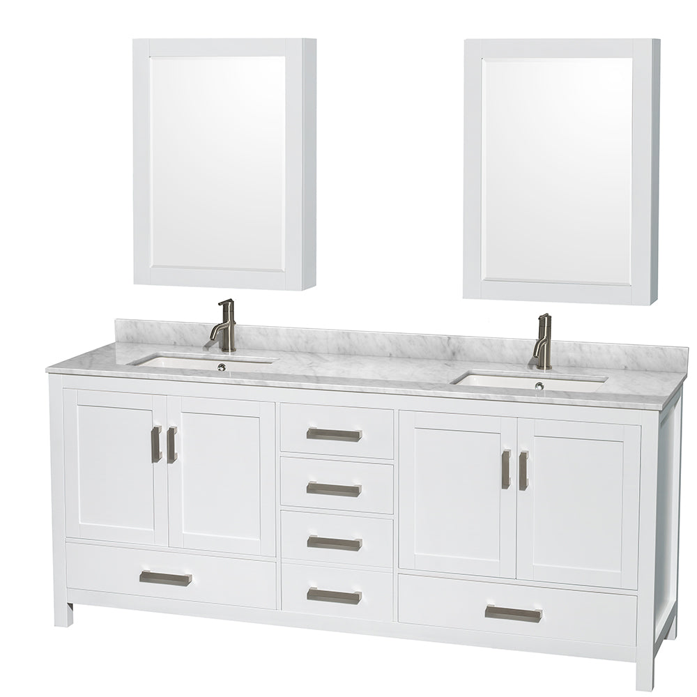 Wyndham Sheffield 80 Inch Double Bathroom Vanity in White, White Carrara Marble Countertop, Undermount Square Sinks, and Medicine Cabinets- Wyndham