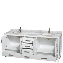 Load image into Gallery viewer, Wyndham Sheffield 80 Inch Double Bathroom Vanity in White, White Carrara Marble Countertop, Undermount Square Sinks, and No Mirror- Wyndham