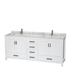 Load image into Gallery viewer, Wyndham Sheffield 80 Inch Double Bathroom Vanity in White, White Carrara Marble Countertop, Undermount Square Sinks, and 24 Inch Mirrors- Wyndham