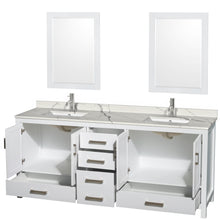 Load image into Gallery viewer, Wyndham Sheffield 80 Inch Double Bathroom Vanity in White, Calacatta Quartz Countertop, Undermount Square Sinks, 24 Inch Mirrors- Wyndham