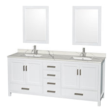 Load image into Gallery viewer, Wyndham Sheffield 80 Inch Double Bathroom Vanity in White, Calacatta Quartz Countertop, Undermount Square Sinks, 24 Inch Mirrors- Wyndham
