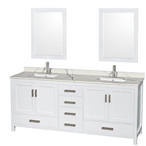 Wyndham Sheffield 80 Inch Double Bathroom Vanity in White, Calacatta Quartz Countertop, Undermount Square Sinks, 24 Inch Mirrors- Wyndham
