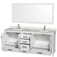 Load image into Gallery viewer, Wyndham Sheffield 80 Inch Double Bathroom Vanity in White, Calacatta Quartz Countertop, Undermount Square Sinks, 70 Inch Mirror- Wyndham
