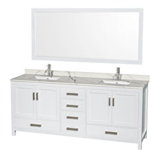Load image into Gallery viewer, Wyndham Sheffield 80 Inch Double Bathroom Vanity in White, Calacatta Quartz Countertop, Undermount Square Sinks, 70 Inch Mirror- Wyndham