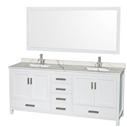 Wyndham Sheffield 80 Inch Double Bathroom Vanity in White, Calacatta Quartz Countertop, Undermount Square Sinks, 70 Inch Mirror- Wyndham