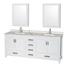 Load image into Gallery viewer, Wyndham Sheffield 80 Inch Double Bathroom Vanity in White, Calacatta Quartz Countertop, Undermount Square Sinks, Medicine Cabinets- Wyndham