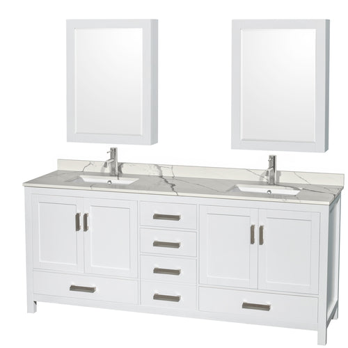 Wyndham Sheffield 80 Inch Double Bathroom Vanity in White, Calacatta Quartz Countertop, Undermount Square Sinks, Medicine Cabinets- Wyndham