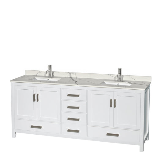 Wyndham Sheffield 80 Inch Double Bathroom Vanity in White, Calacatta Quartz Countertop, Undermount Square Sinks, No Mirror- Wyndham
