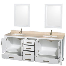 Load image into Gallery viewer, Wyndham Sheffield 80 Inch Double Bathroom Vanity in White, Ivory Marble Countertop, Undermount Square Sinks, and 24 Inch Mirrors- Wyndham