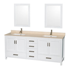 Load image into Gallery viewer, Wyndham Sheffield 80 Inch Double Bathroom Vanity in White, Ivory Marble Countertop, Undermount Square Sinks, and 24 Inch Mirrors- Wyndham