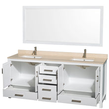 Load image into Gallery viewer, Wyndham Sheffield 80 Inch Double Bathroom Vanity in White, Ivory Marble Countertop, Undermount Square Sinks, and 70 Inch Mirror- Wyndham