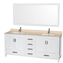 Load image into Gallery viewer, Wyndham Sheffield 80 Inch Double Bathroom Vanity in White, Ivory Marble Countertop, Undermount Square Sinks, and 70 Inch Mirror- Wyndham