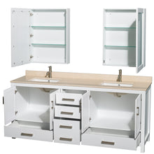 Load image into Gallery viewer, Wyndham Sheffield 80 Inch Double Bathroom Vanity in White, Ivory Marble Countertop, Undermount Square Sinks, and Medicine Cabinets- Wyndham