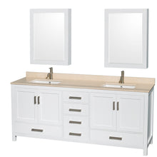 Load image into Gallery viewer, Wyndham Sheffield 80 Inch Double Bathroom Vanity in White, Ivory Marble Countertop, Undermount Square Sinks, and Medicine Cabinets- Wyndham
