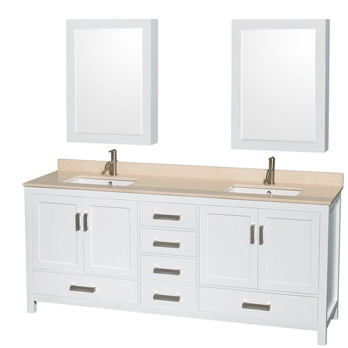 Wyndham Sheffield 80 Inch Double Bathroom Vanity in White, Ivory Marble Countertop, Undermount Square Sinks, and Medicine Cabinets- Wyndham