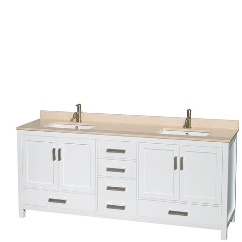 Wyndham Sheffield 80 Inch Double Bathroom Vanity in White, Ivory Marble Countertop, Undermount Square Sinks, and No Mirror- Wyndham