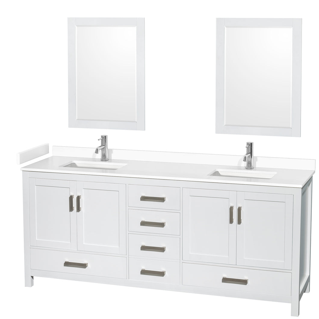Wyndham Sheffield 80 Inch Double Bathroom Vanity in White, White Cultured Marble Countertop, Undermount Square Sinks, 24 Inch Mirrors- Wyndham
