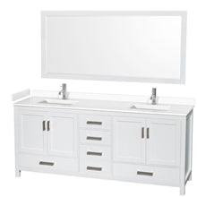 Load image into Gallery viewer, Wyndham Sheffield 80 Inch Double Bathroom Vanity in White, White Cultured Marble Countertop, Undermount Square Sinks, 70 Inch Mirror- Wyndham
