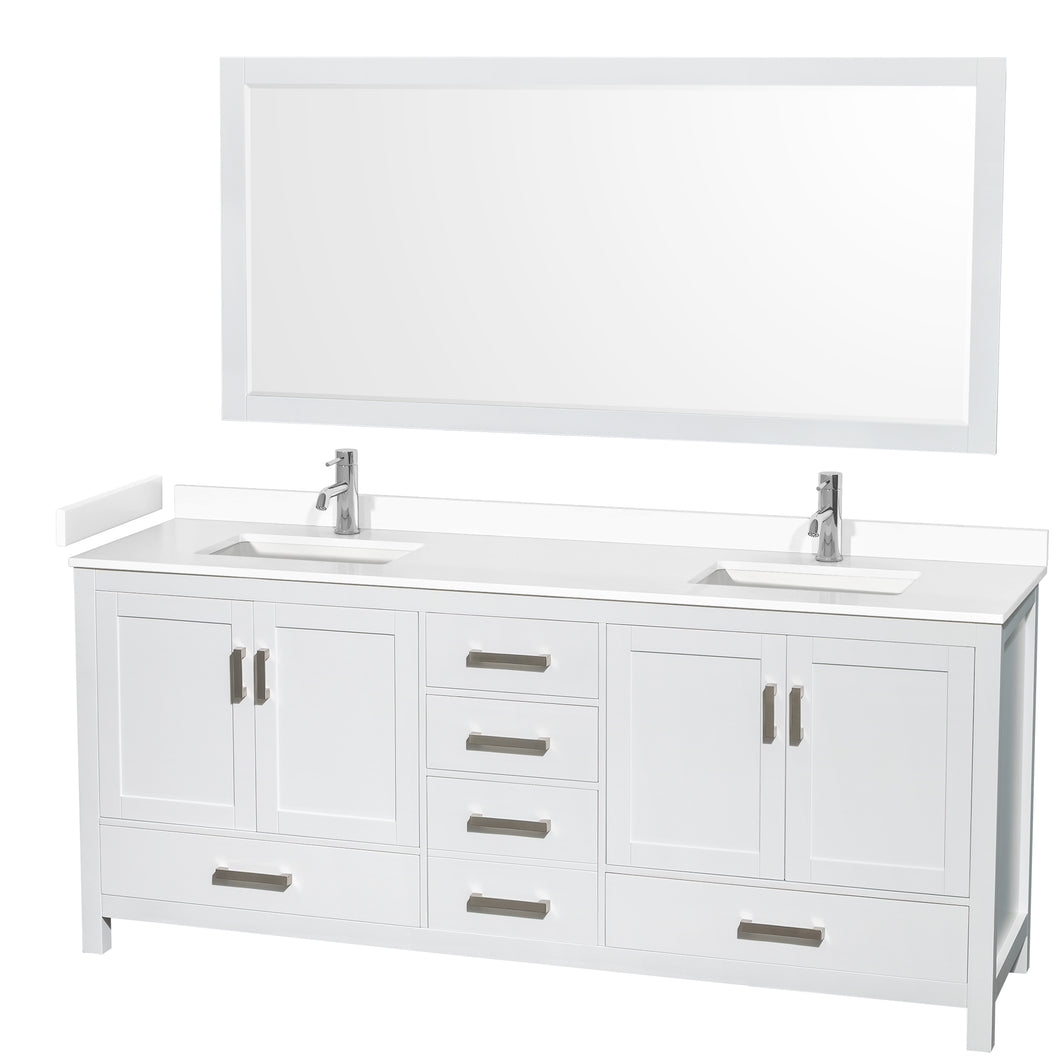 Wyndham Sheffield 80 Inch Double Bathroom Vanity in White, White Cultured Marble Countertop, Undermount Square Sinks, 70 Inch Mirror- Wyndham