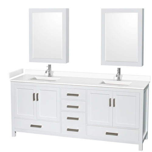 Wyndham Sheffield 80 Inch Double Bathroom Vanity in White, White Cultured Marble Countertop, Undermount Square Sinks, Medicine Cabinets- Wyndham