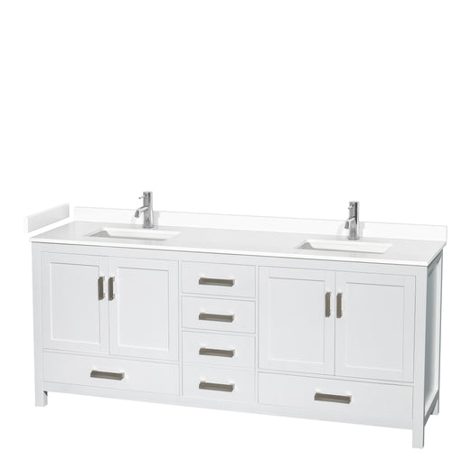 Wyndham Sheffield 80 Inch Double Bathroom Vanity in White, White Cultured Marble Countertop, Undermount Square Sinks, No Mirror- Wyndham