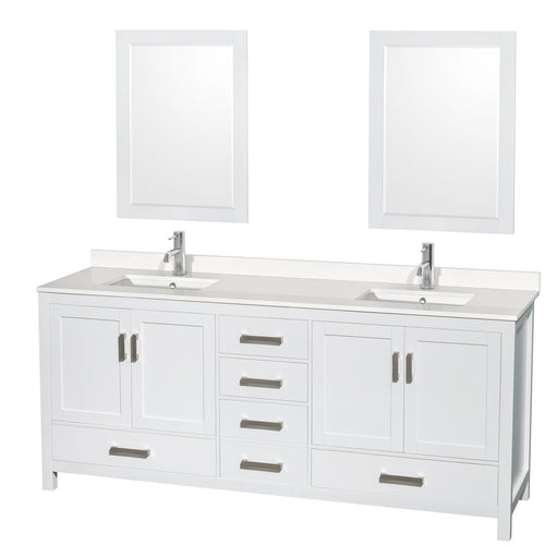 Wyndham Sheffield 80 Inch Double Bathroom Vanity in White, White Quartz Countertop, Undermount Square Sinks, 24 Inch Mirrors- Wyndham