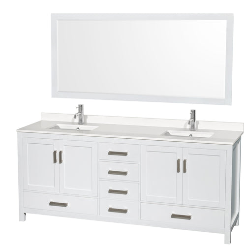 Wyndham Sheffield 80 Inch Double Bathroom Vanity in White, White Quartz Countertop, Undermount Square Sinks, 70 Inch Mirror- Wyndham