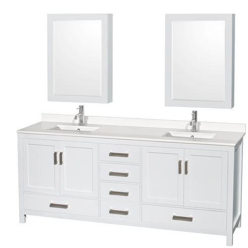 Wyndham Sheffield 80 Inch Double Bathroom Vanity in White, White Quartz Countertop, Undermount Square Sinks, Medicine Cabinets- Wyndham