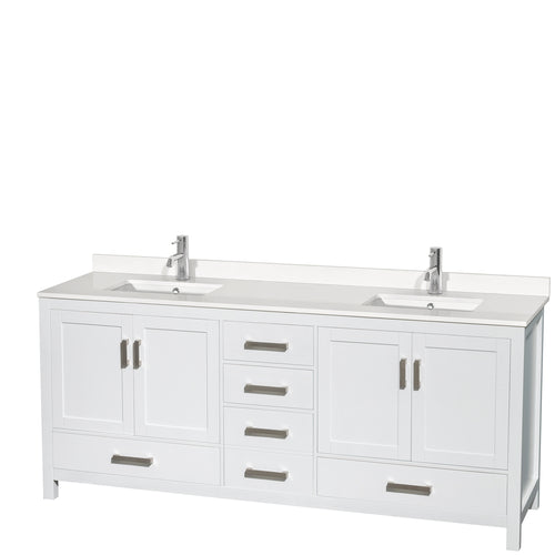 Wyndham Sheffield 80 Inch Double Bathroom Vanity in White, White Quartz Countertop, Undermount Square Sinks, No Mirror- Wyndham
