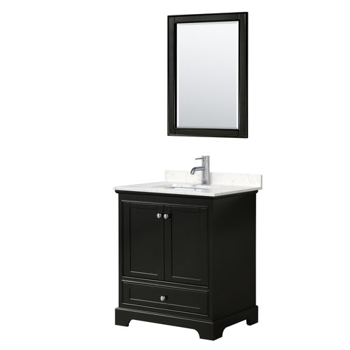 Wyndham Deborah 30 Inch Single Bathroom Vanity in Dark Espresso, Light-Vein Carrara Cultured Marble Countertop, Undermount Square Sink, 24 Inch Mirror- Wyndham