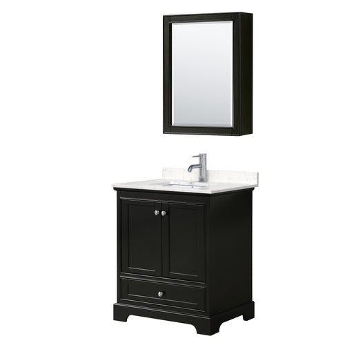 Wyndham Deborah 30 Inch Single Bathroom Vanity in Dark Espresso, Light-Vein Carrara Cultured Marble Countertop, Undermount Square Sink, Medicine Cabinet- Wyndham