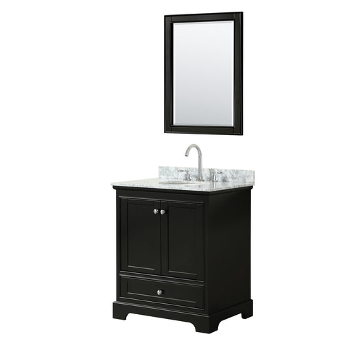Wyndham Deborah 30 Inch Single Bathroom Vanity in Dark Espresso, White Carrara Marble Countertop, Undermount Oval Sink, and 24 Inch Mirror- Wyndham