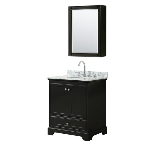 Wyndham Deborah 30 Inch Single Bathroom Vanity in Dark Espresso, White Carrara Marble Countertop, Undermount Oval Sink, and Medicine Cabinet- Wyndham