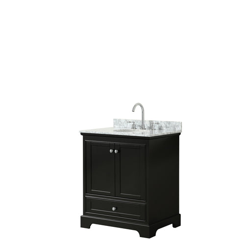 Wyndham Deborah 30 Inch Single Bathroom Vanity in Dark Espresso, White Carrara Marble Countertop, Undermount Oval Sink, and No Mirror- Wyndham
