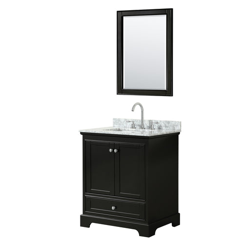 Wyndham Deborah 30 Inch Single Bathroom Vanity in Dark Espresso, White Carrara Marble Countertop, Undermount Square Sink, and 24 Inch Mirror- Wyndham