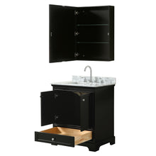 Load image into Gallery viewer, Wyndham Deborah 30 Inch Single Bathroom Vanity in Dark Espresso, White Carrara Marble Countertop, Undermount Square Sink, and Medicine Cabinet- Wyndham